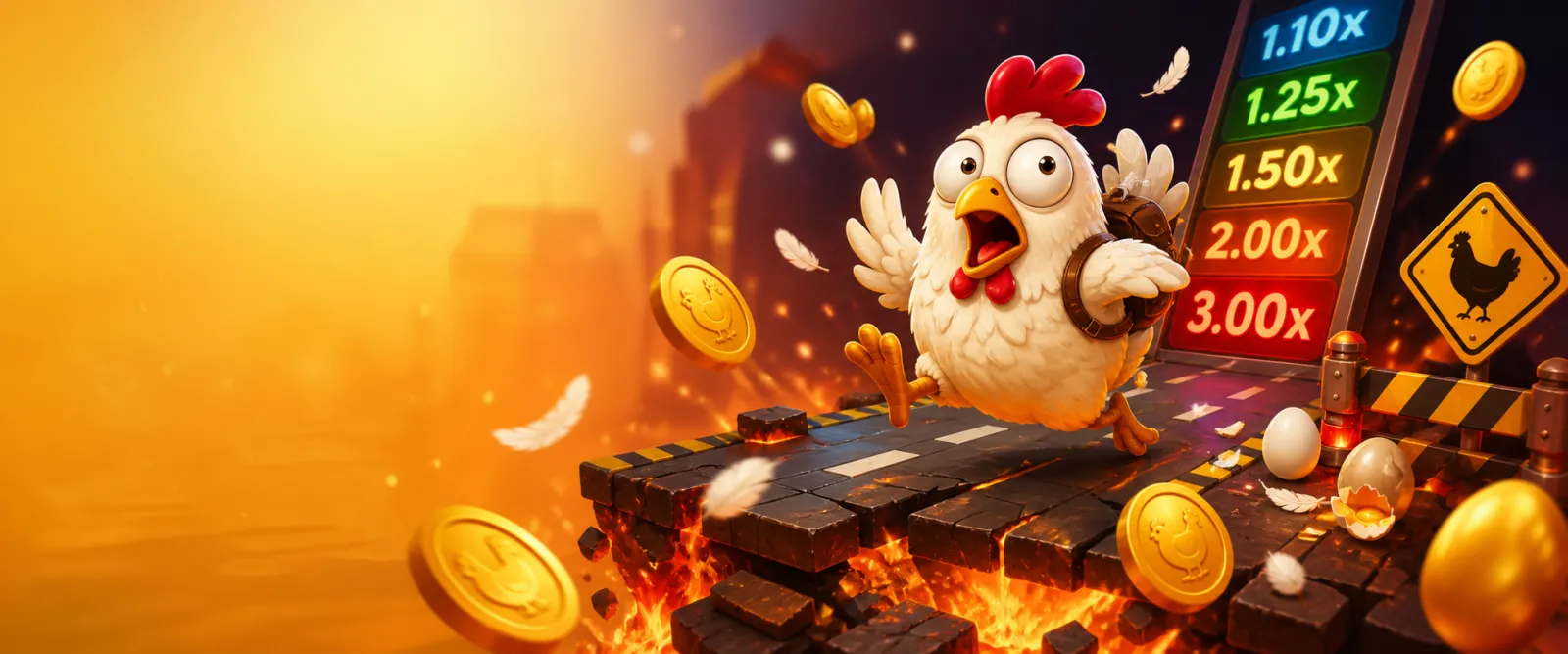 Promotional banner for Chicken Road slot with playful chickens, road lanes, and arcade-style brightness