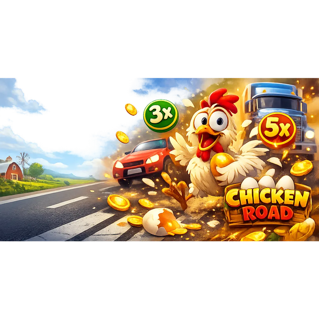 Bright and dynamic promo image for the Chicken Road slot, featuring a funny chicken, road lanes, and playful arcade energy.