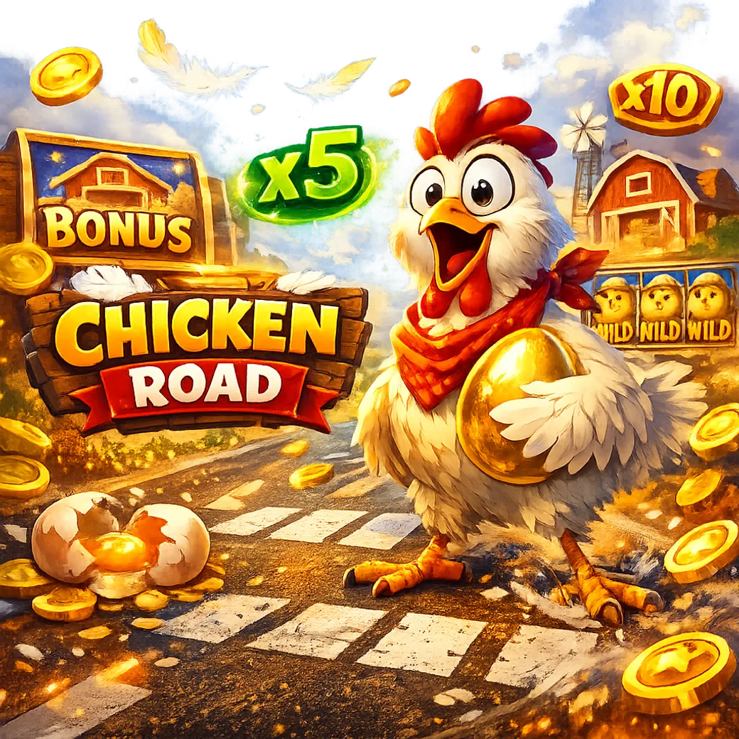 Colorful promotional banner for Chicken Road slot with funny chicken and coin symbols.