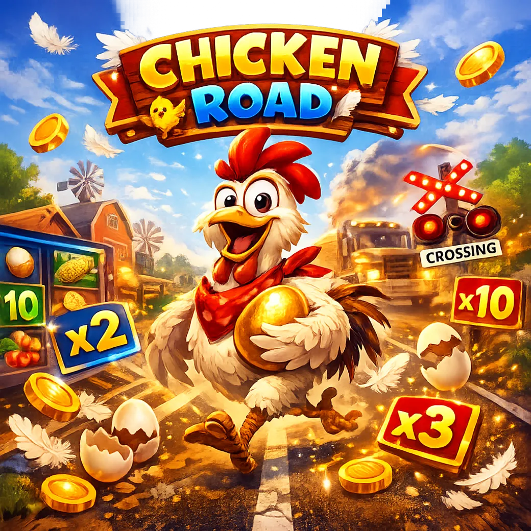 Vibrant promo image for Chicken Road slot game featuring a funny chicken on a road with coins and eggs, showcasing playful ca